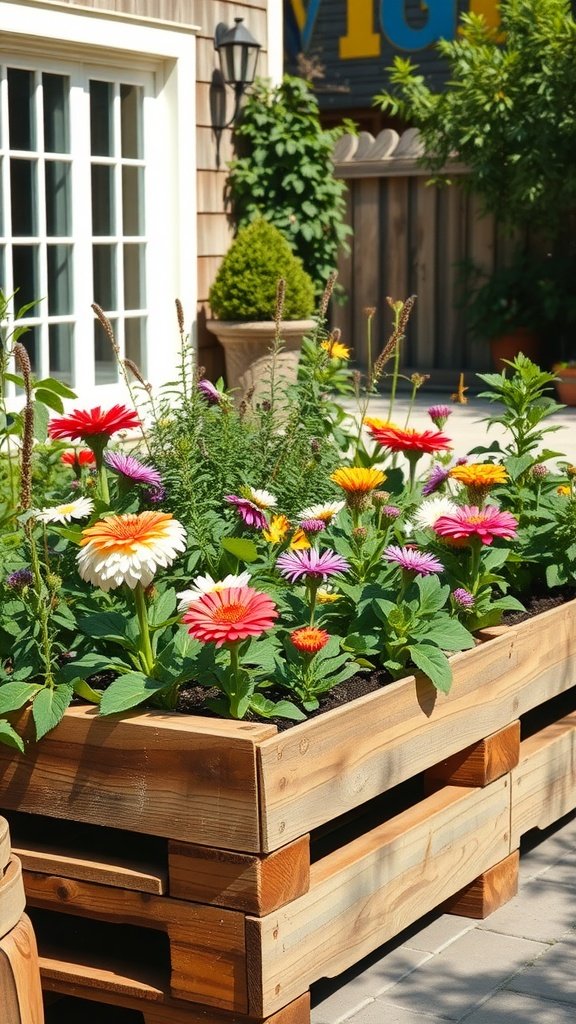 A raised garden bed made from wooden pallets filled with colorful flowers.