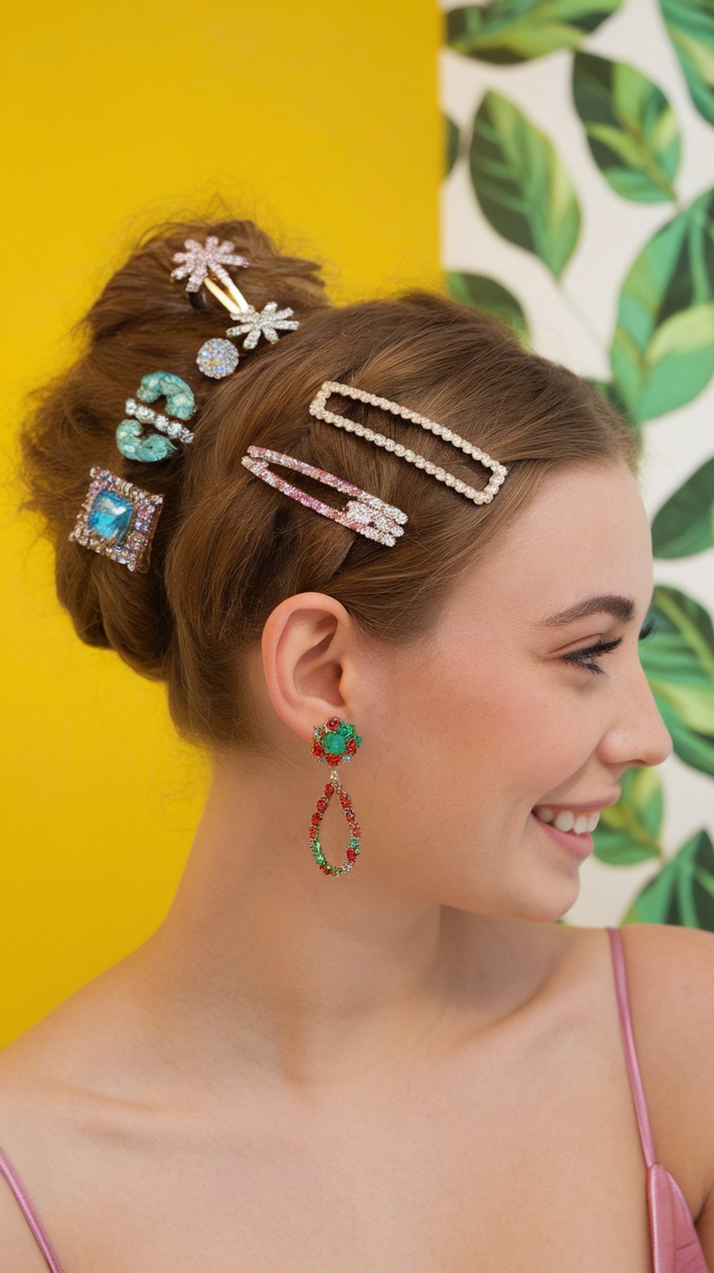 A woman with a stylish hairstyle decorated with colorful hair clips and earrings.