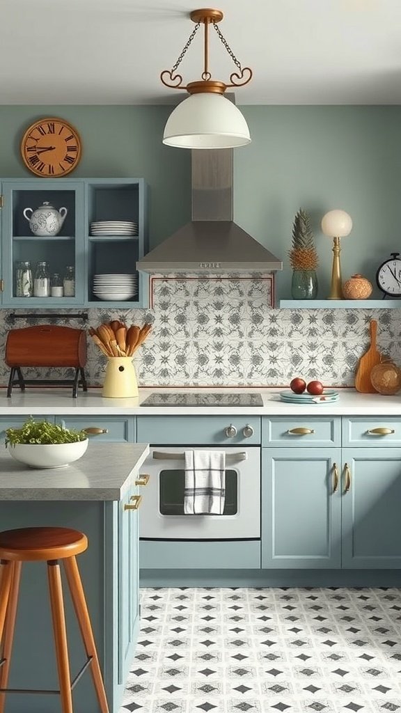 A modern kitchen with vintage elements featuring blue cabinets, a patterned floor, and retro lighting.