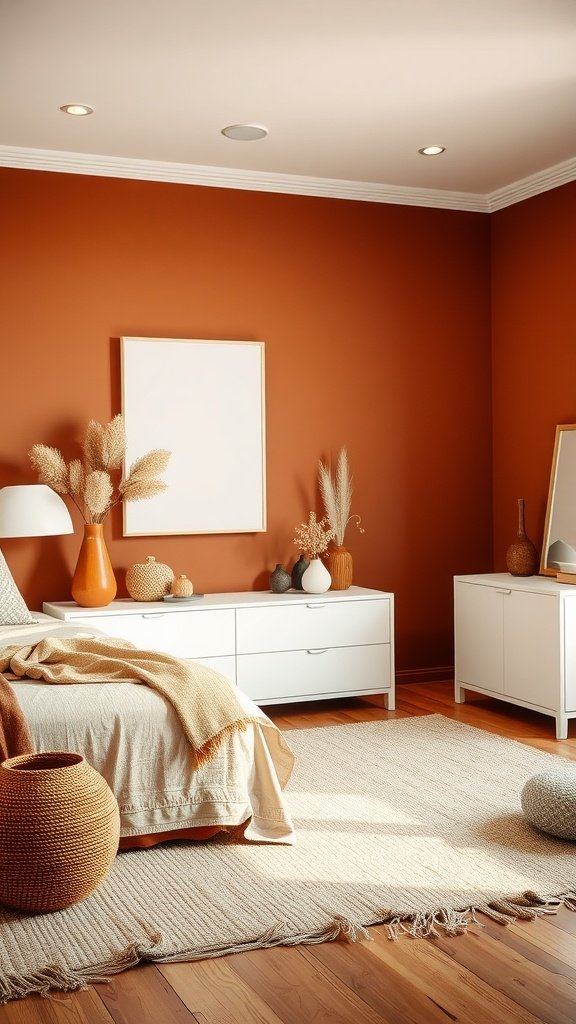 A cozy bedroom with terracotta walls, white furniture, and natural decor elements.
