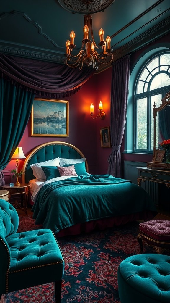 A small, elegant bedroom featuring rich jewel tones with a chandelier, teal bedding, and burgundy walls.