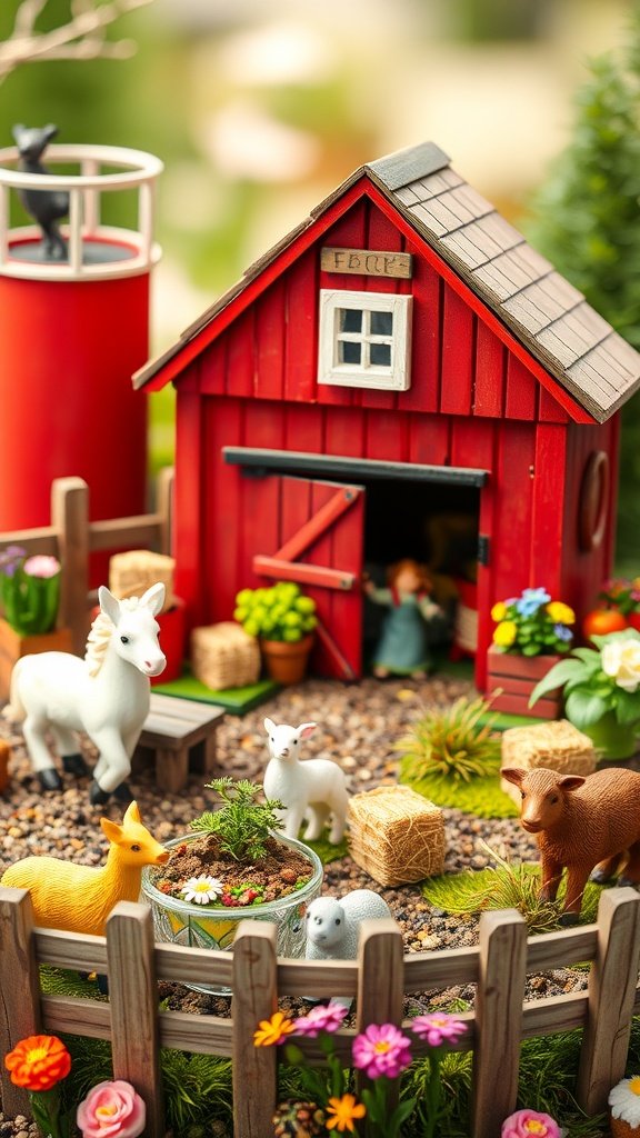 A miniature rustic barnyard fairy garden with a red barn, animals, flowers, and a fence.