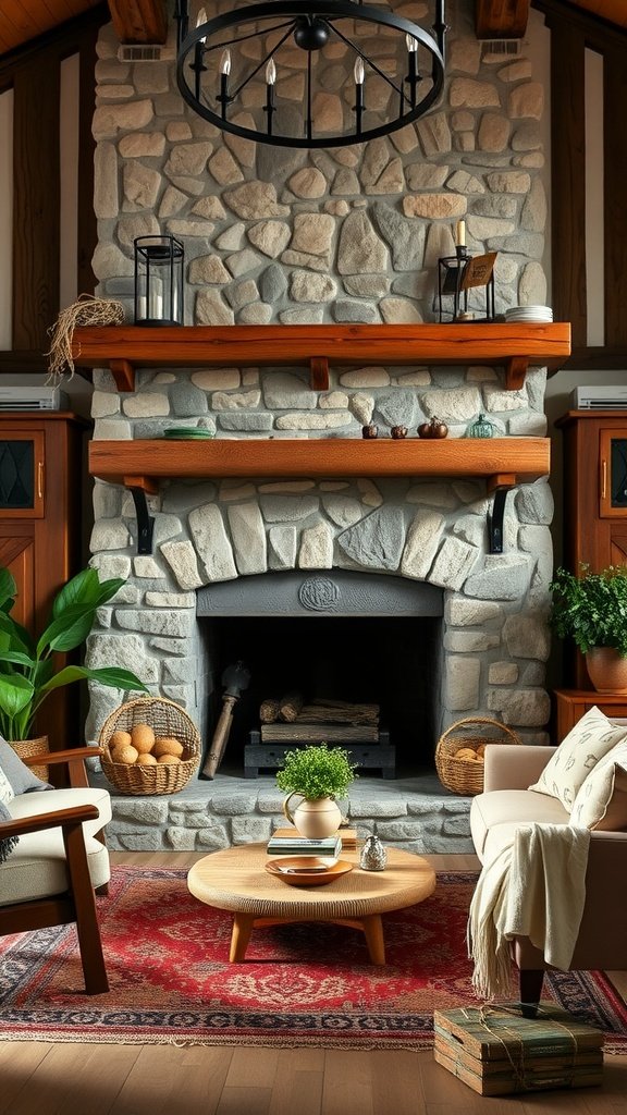 A cozy farmhouse fireplace featuring stonework and wooden shelves in a rustic living room.