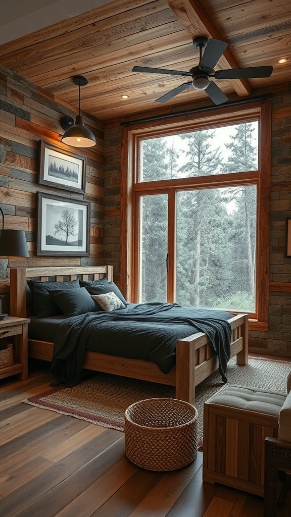 A rustic bedroom with wooden walls, a dark bedspread, and large windows overlooking trees.