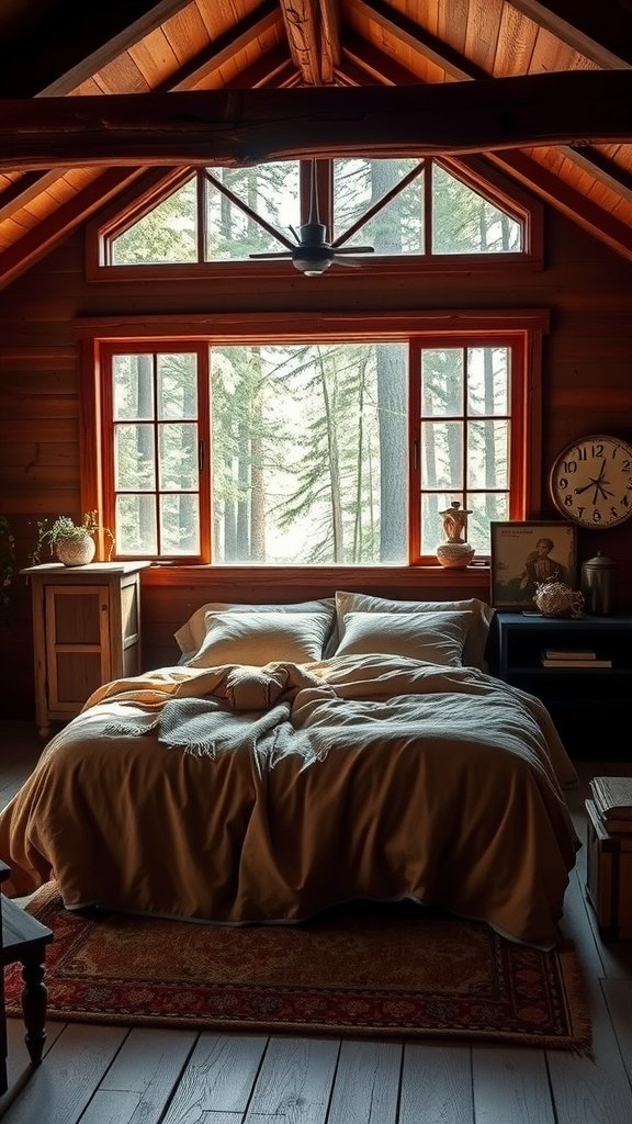 A rustic bedroom featuring warm brown tones with large windows, wooden beams, and a cozy bed.