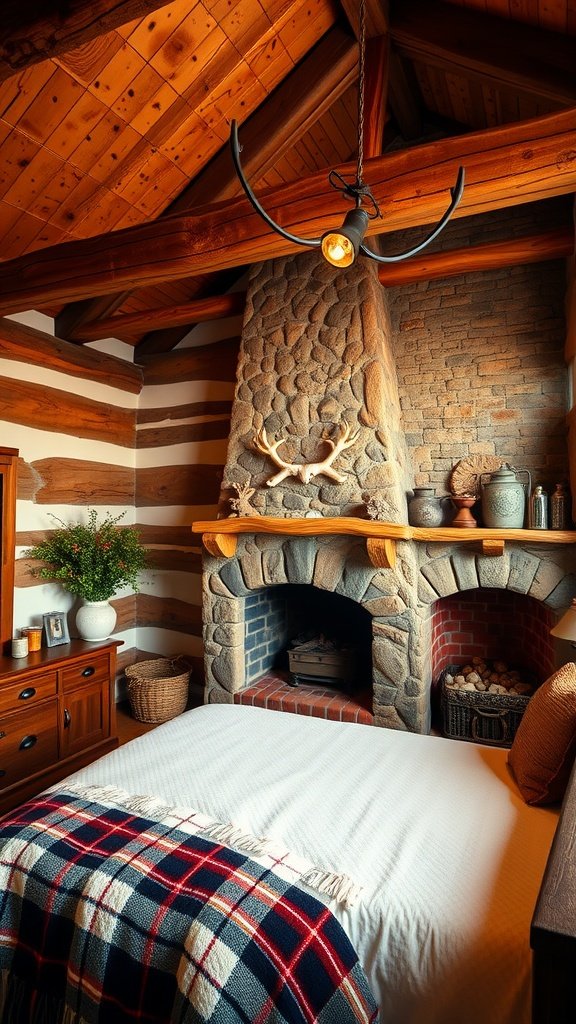 A cozy rustic guest bedroom with wood beams, a stone fireplace, and a comfortable bed adorned with a plaid blanket.