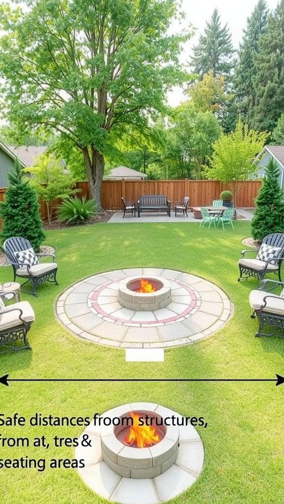 A backyard fire pit with safe distances from structures, trees, and seating areas