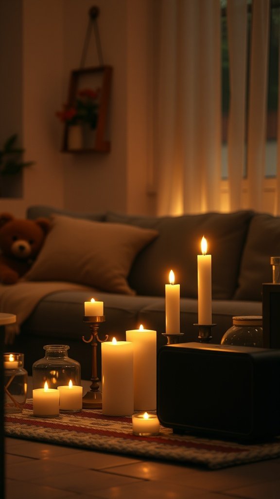 A cozy hygge living room with candles, soft lighting, and a teddy bear on the couch.