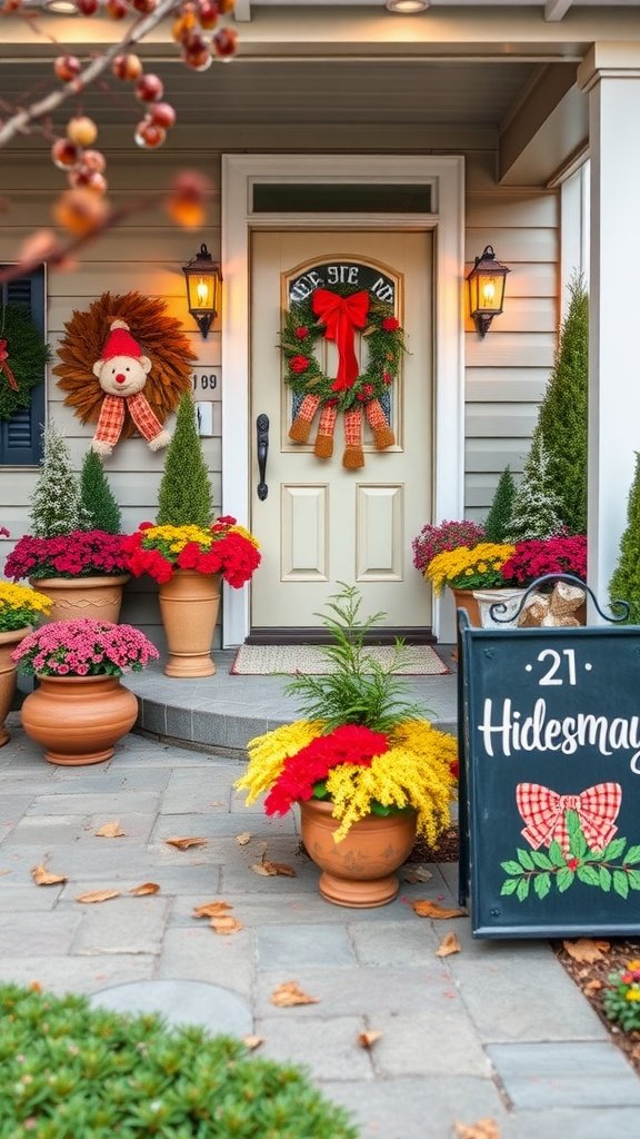 A cozy front yard decorated with colorful flowers, a wreath on the door, and a festive sign.