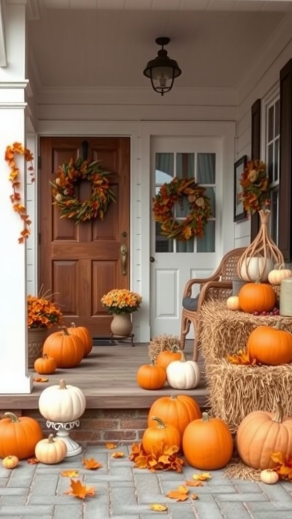 A beautifully decorated farmhouse front porch with pumpkins and fall decorations.