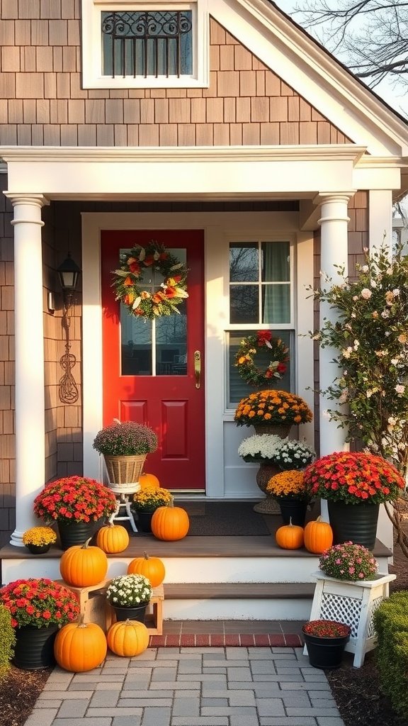 A beautiful Cape Cod house exterior featuring a red door, decorated with pumpkins and colorful flowers for autumn.