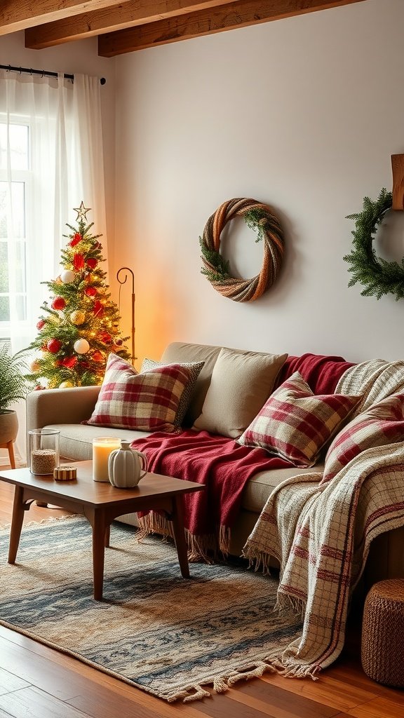 Cozy hygge living room decorated for the holiday season with a Christmas tree, red blankets, and plaid pillows.
