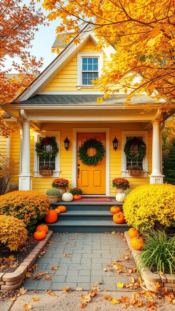 A charming yellow Cape Cod house adorned with autumn decorations, pumpkins, and colorful foliage.