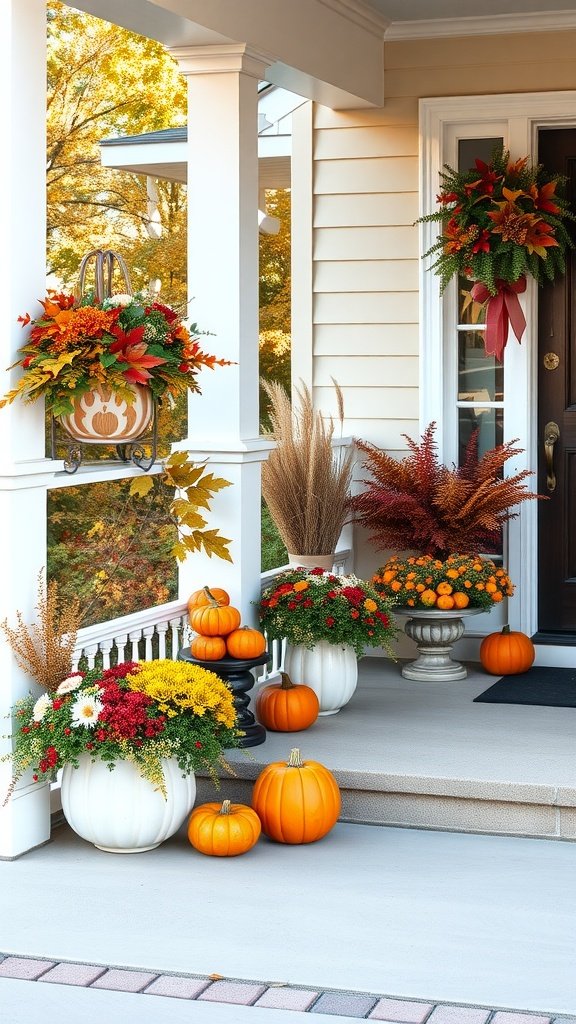 A front porch decorated with seasonal planters featuring colorful flowers and pumpkins.