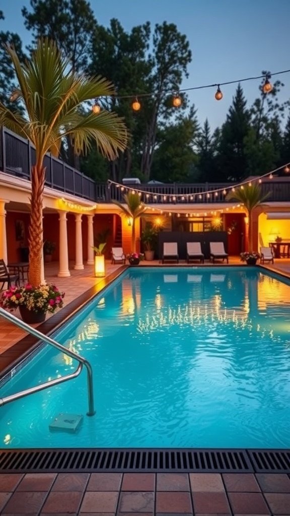 A beautifully decorated pool deck with palm trees, lights, and a clear pool at dusk.