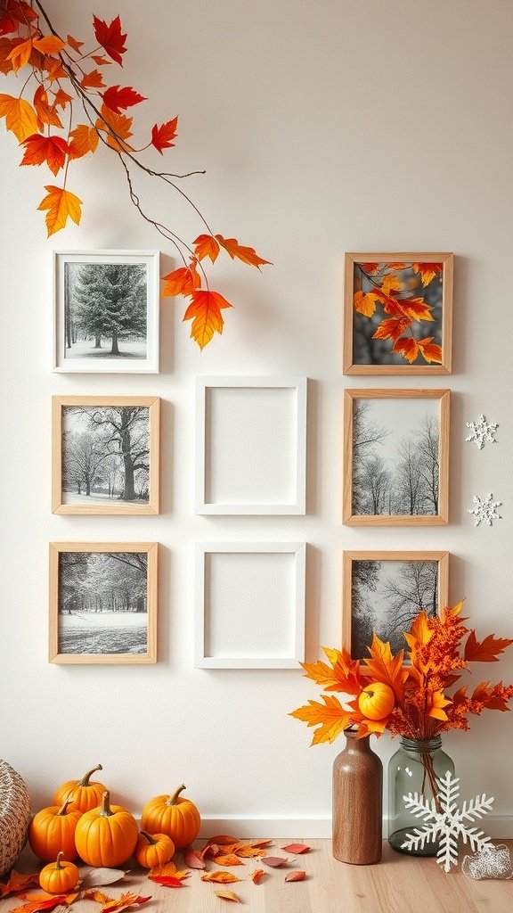 A cozy autumn-themed photo wall with empty frames, orange leaves, pumpkins, and decorative foliage.