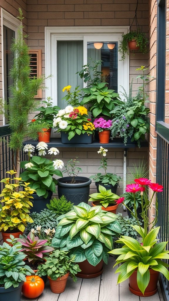 A small balcony adorned with various colorful plants and flowers in pots, demonstrating seasonal planting.