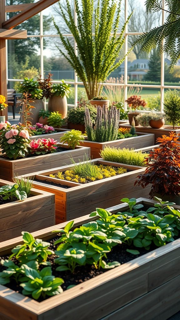 A collection of raised garden beds filled with a variety of plants in a well-lit indoor space.