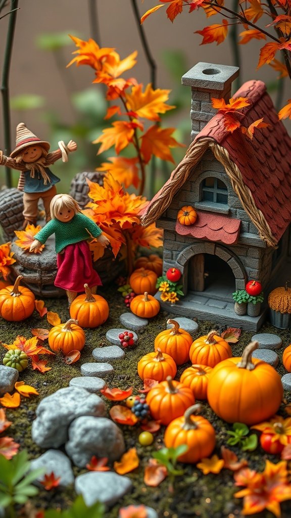 A whimsical autumn fairy garden scene with two characters, pumpkins, and colorful leaves.