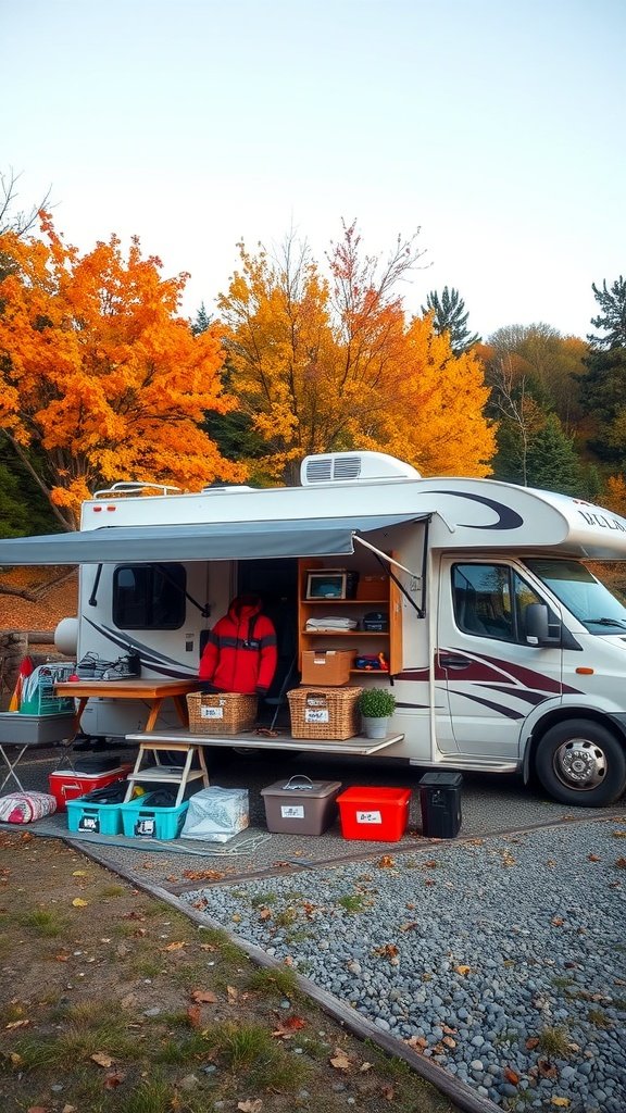 A well-organized camper parked amid autumn trees, showcasing effective storage solutions with bins and baskets.