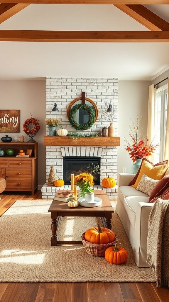Cozy living room decorated for autumn with pumpkins, a wreath, and warm tones.