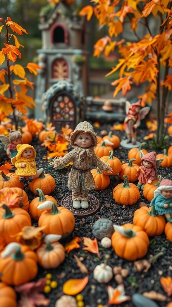 A fall-themed fairy garden with pumpkins and colorful leaves, featuring small figures dressed for autumn.