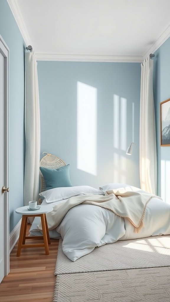 A small bedroom painted in serene blue with natural light, soft bedding, and minimal decor.