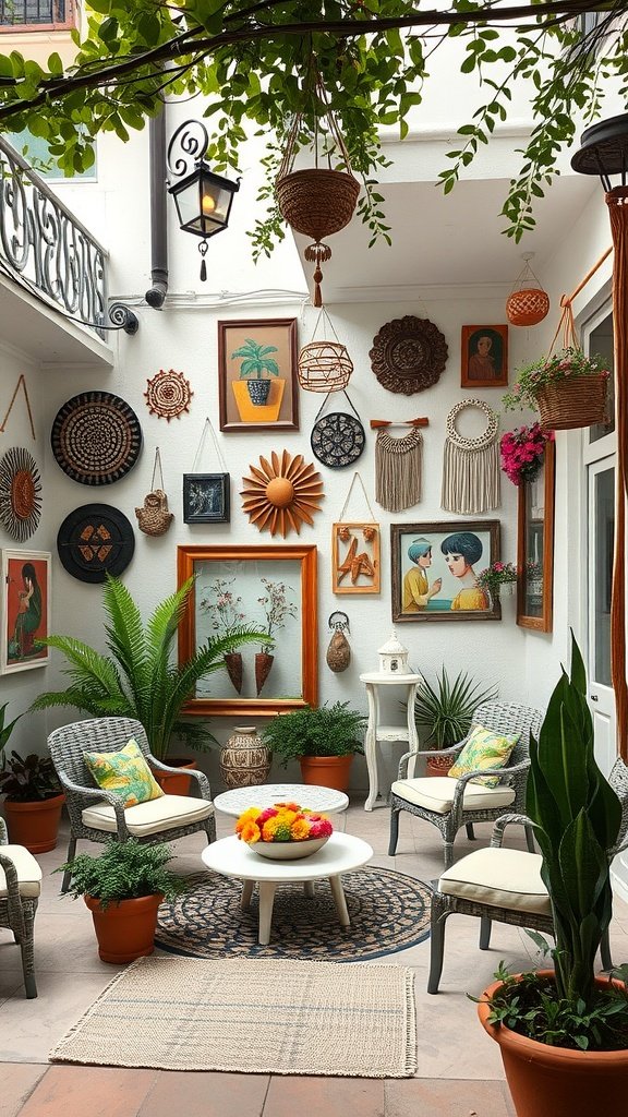 An inviting patio adorned with various outdoor artwork, potted plants, and comfortable seating.
