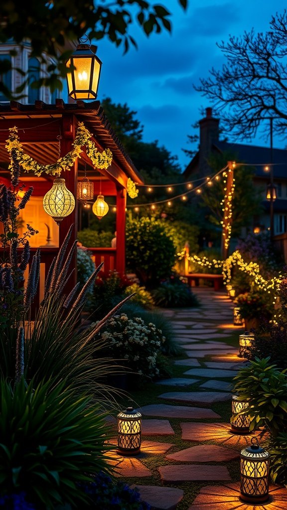 A beautifully lit garden pathway with lanterns and string lights