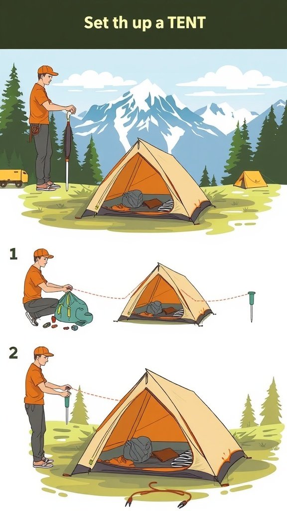 An illustration showing the steps of setting up a tent in a camping setting.