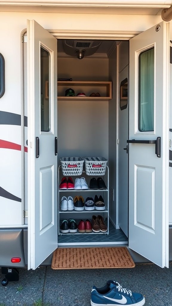 A well-organized shoe storage area in an RV with shoes and baskets neatly arranged.
