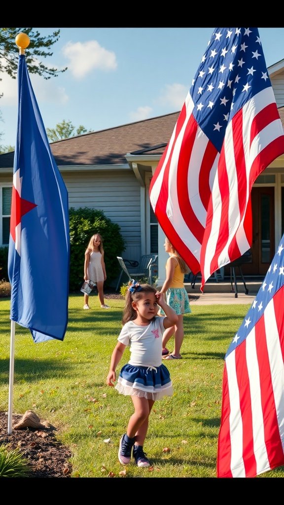 Children playing outside among bold American flags on a sunny day.
