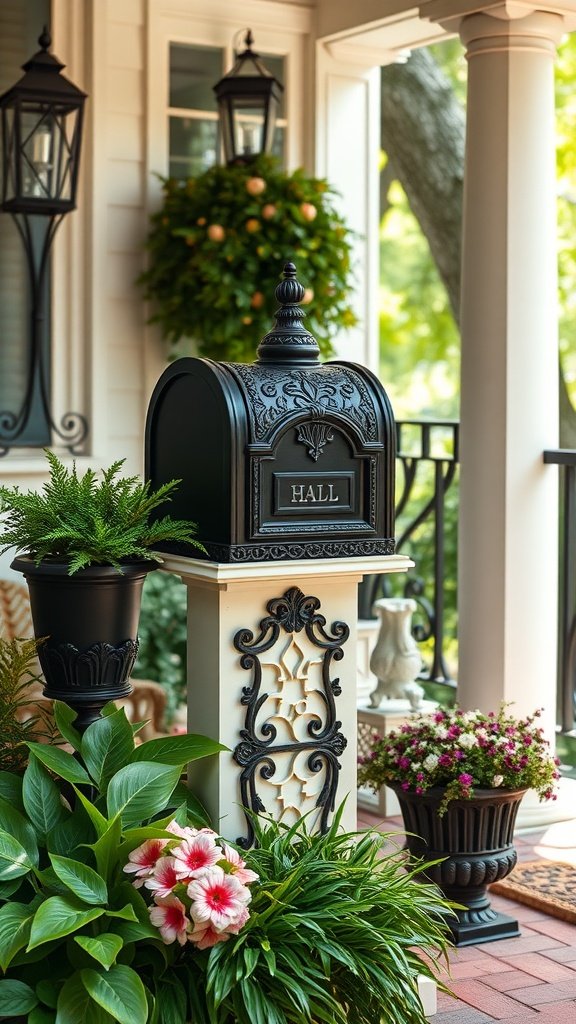 A stylish black mailbox on a decorative post surrounded by green plants and colorful flowers on a front porch.