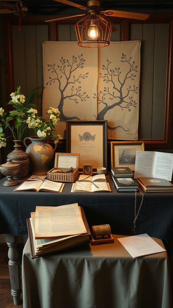 A senior table display showcasing family heritage with vintage books, framed documents, and decorative items.
