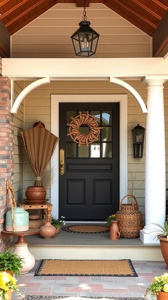 A charming front porch decorated with handmade pottery and woven baskets