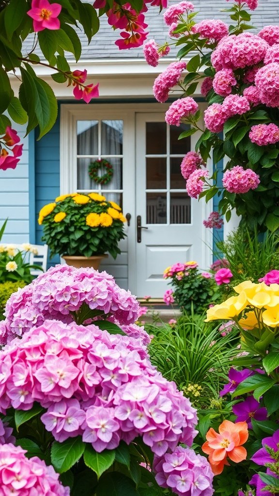 A colorful garden with pink hydrangeas, yellow marigolds, and other seasonal flowers in front of a blue house.