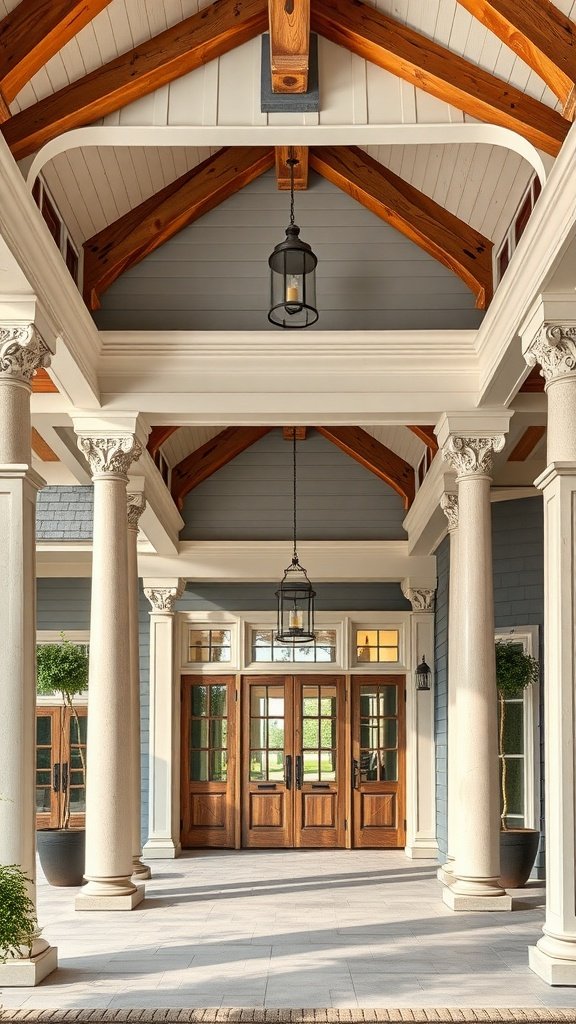 A beautiful farmhouse front porch showcasing tall columns and a wooden ceiling.