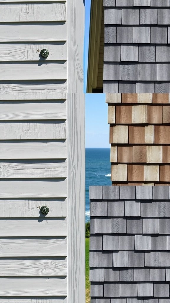 Image showing different siding styles for a Cape Cod house, featuring horizontal vinyl and wood shingles against a coastal backdrop.