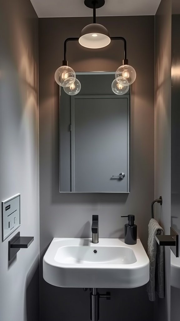A small bathroom featuring gray walls, modern lighting, and a stylish sink.