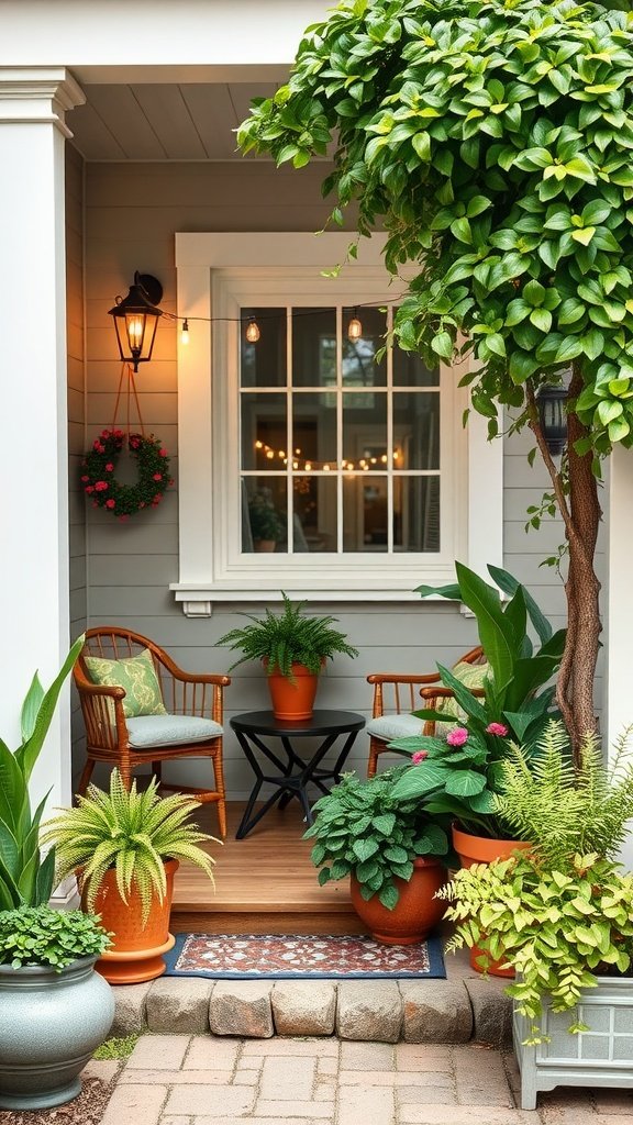 A cozy front porch with various compact planters featuring lush green plants and flowers, along with comfortable seating.