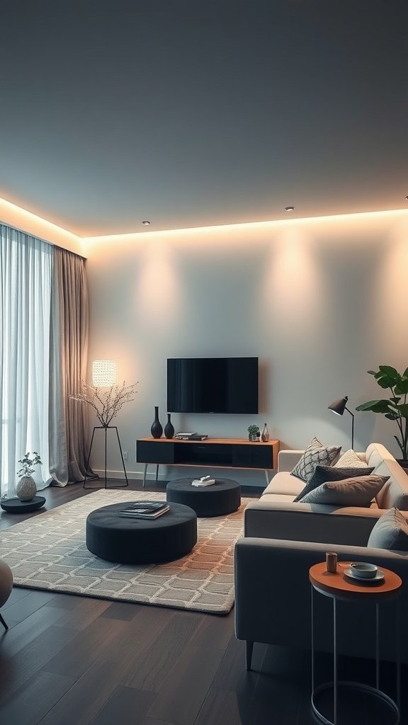 A modern living room with sleek furniture, smart lighting, and a cozy atmosphere, illustrating smart home technology.