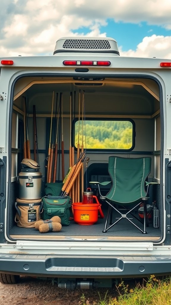 An organized camper storage area with fishing rods, bags, and a folding chair