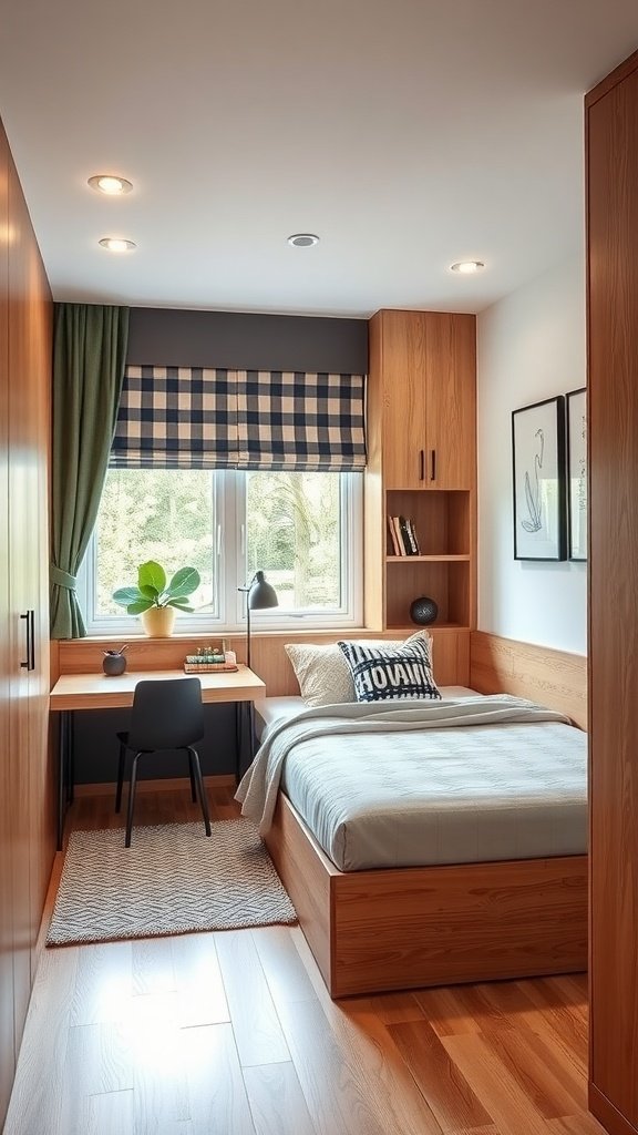 Cozy small guest bedroom with wooden accents, a bed, a desk, and natural light.