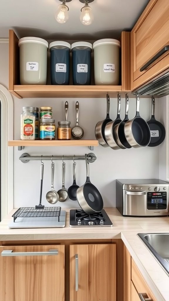 A well-organized RV kitchen with labeled containers, hanging pots, and a wire rack.