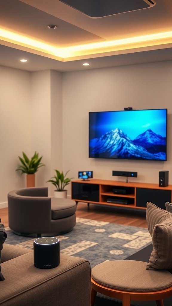 A modern living room showcasing smart technology with a TV, speaker, and stylish seating.