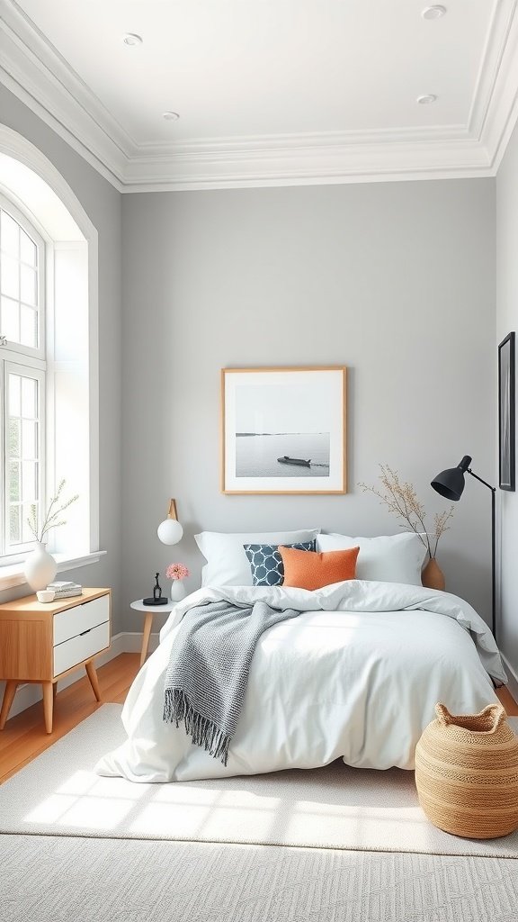 Modern bedroom with soft gray walls, cozy bed, and natural light