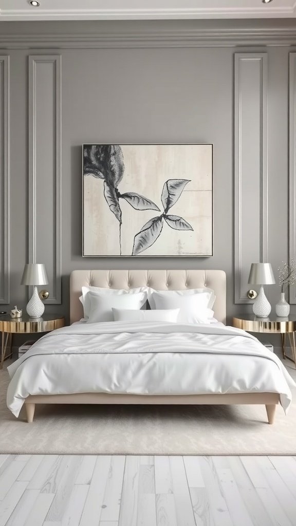 A stylish bedroom featuring soft gray walls, a plush bed with white linens, and contemporary decor.