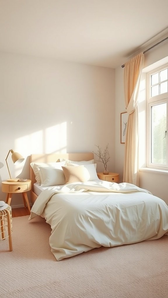 A serene small bedroom with soft beige walls, warm bedding, and natural light streaming through the window.