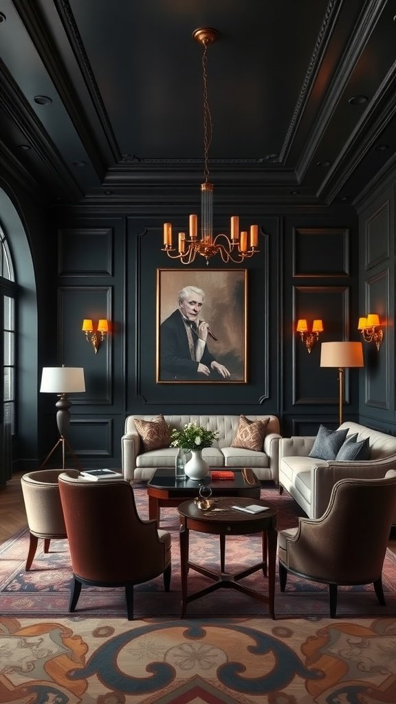 A sophisticated living room featuring dark walls, a light sofa, elegant lighting, and rich decorations.
