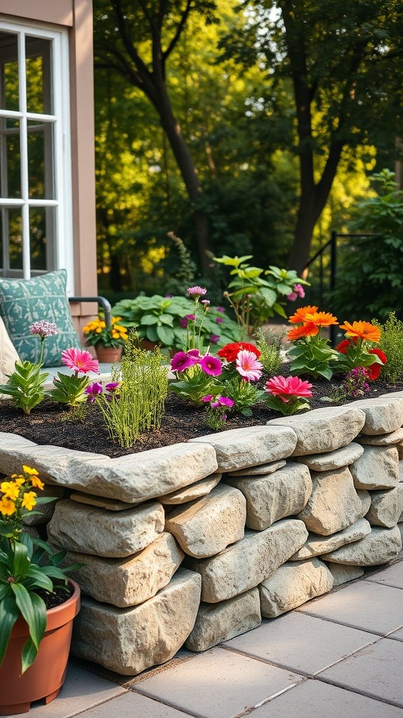 A vibrant raised garden bed made of stacked stones, filled with colorful flowers, beside a cozy seating area.